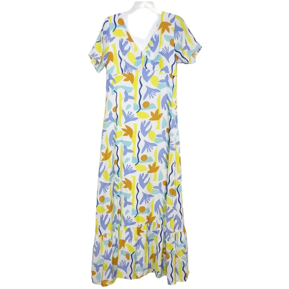 Molly Bracken Printed Maxi Dress V-Neck Ruffle White Size Medium Lili Sidonio - Picture 4 of 15